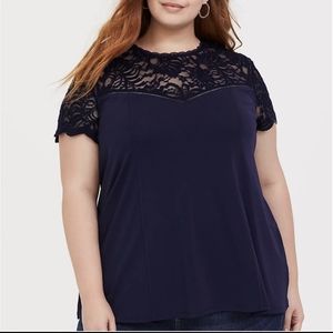 NWT Torrid Studio Knit Lace Yoke Short Sleeve Top